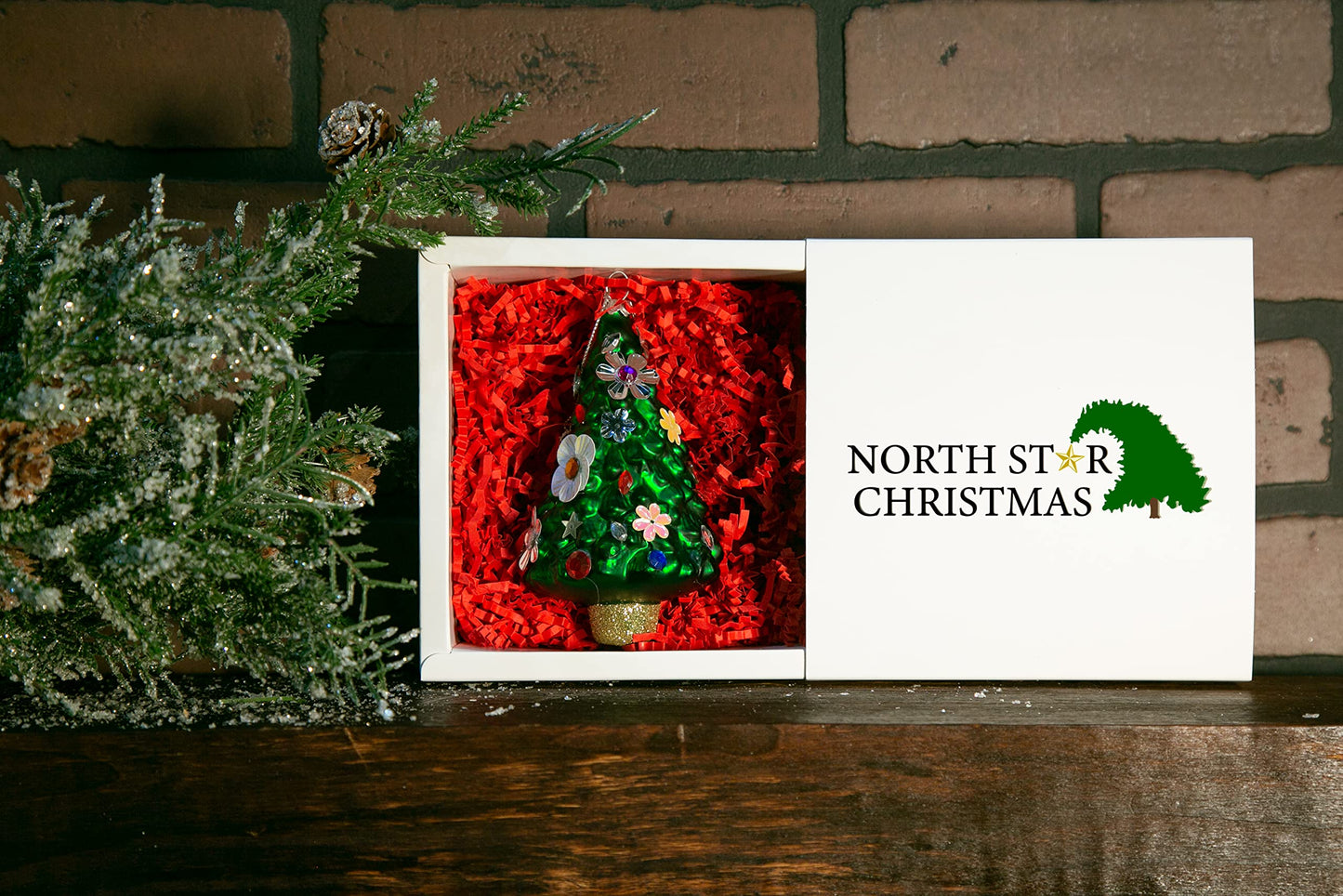 North Star Christmas | Christmas Tree with Flowers Glass Ornament | Christmas Collection
