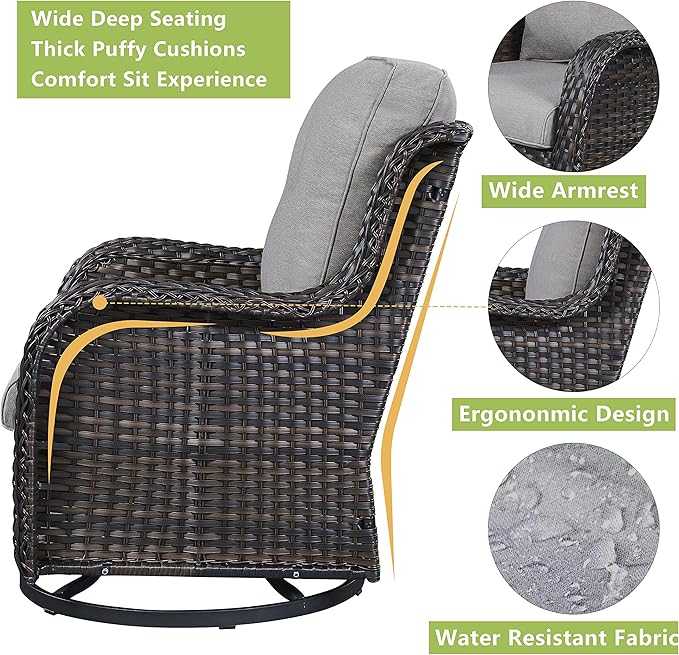 Rilyson Wicker Patio Furniture Set - 5 Piece Rattan Outdoor Sectional Conversation Sets with 2 Rocking Swivel Chairs,2 Ottomans and 1 Sofa for Porch Deck Garden(Brown/Grey)