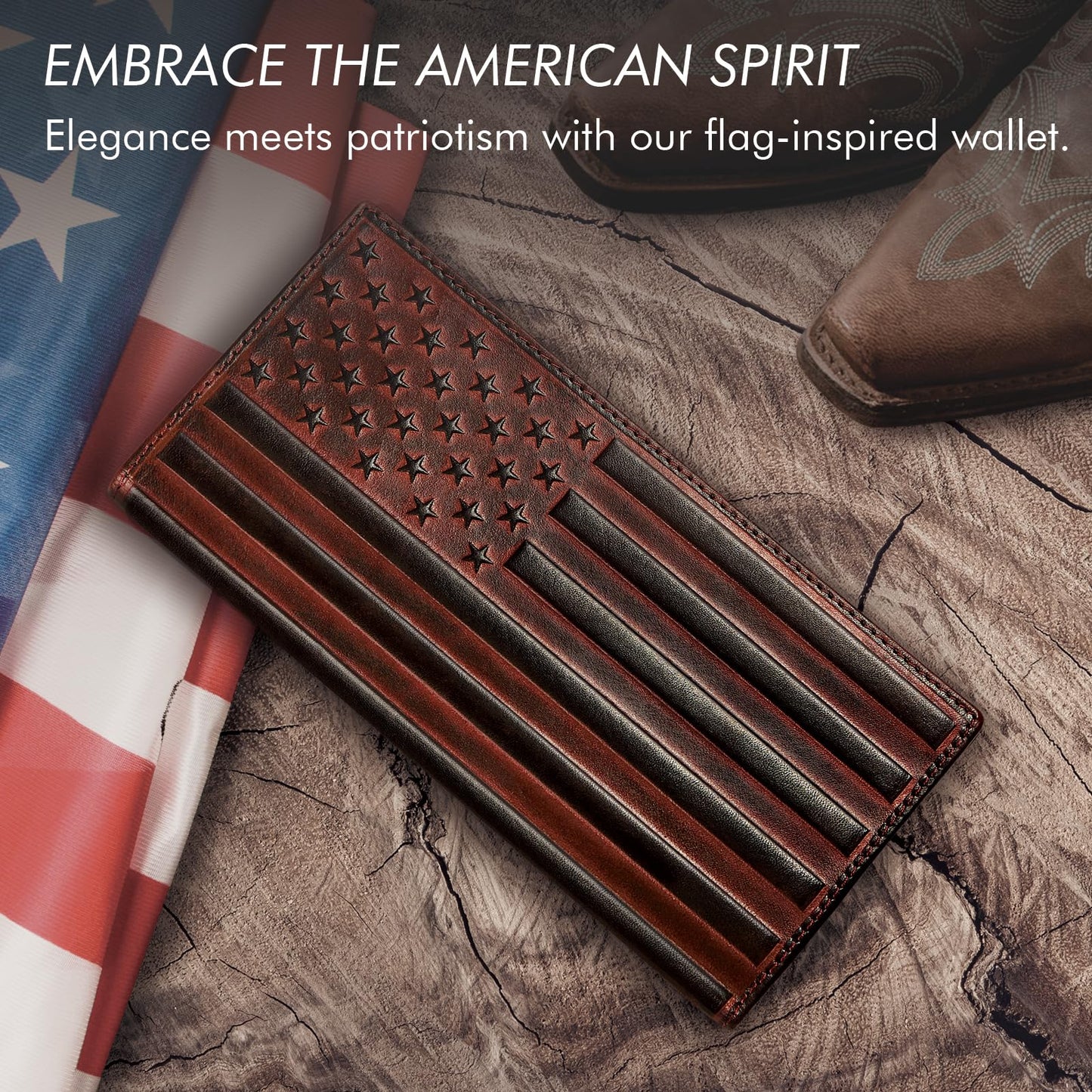 Pefiam Long Wallet for Men Leather, Mens Checkbook Wallet Rodeo, Large Western Cowboy Wallet Bifold, RFID Blocking, Gift for Men (American Flag, Brown)