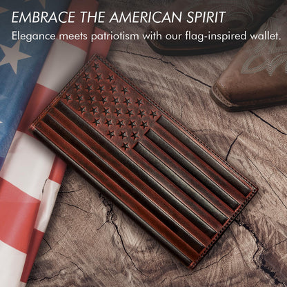 Pefiam Long Wallet for Men Leather, Mens Checkbook Wallet Rodeo, Large Western Cowboy Wallet Bifold, RFID Blocking, Gift for Men (American Flag, Brown)
