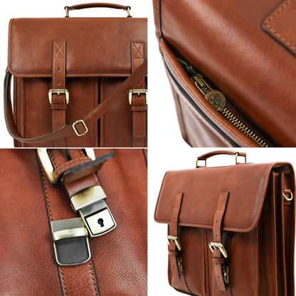 Time Resistance Leather Briefcase for Men - Handcrafted in Italy Full Grain Messenger Bag - Laptop Bag (Cognac Brown)