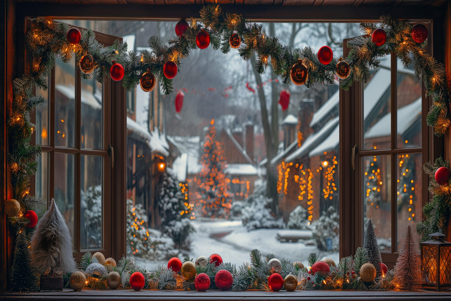WOOHOOROO Fake Window Wall Sticker Festive Street Garland Christmas Peel and Stick Removable Holiday Scene,32" x 48"