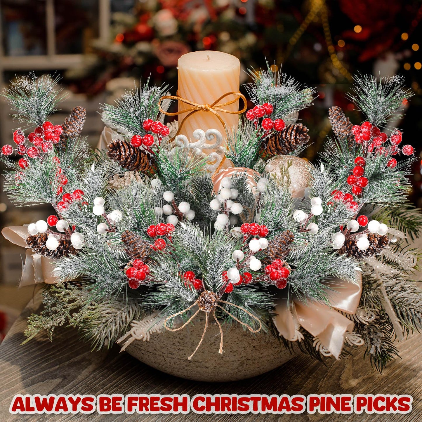 Blosssound 36 PCS Christmas Artificial Pine Branches with Snow Spray Red Berry Stems Pine Needles Faux Pine Picks Snow Floral Pine Cones for DIY Crafts Christmas Tree Garland Wreath Holiday Decor