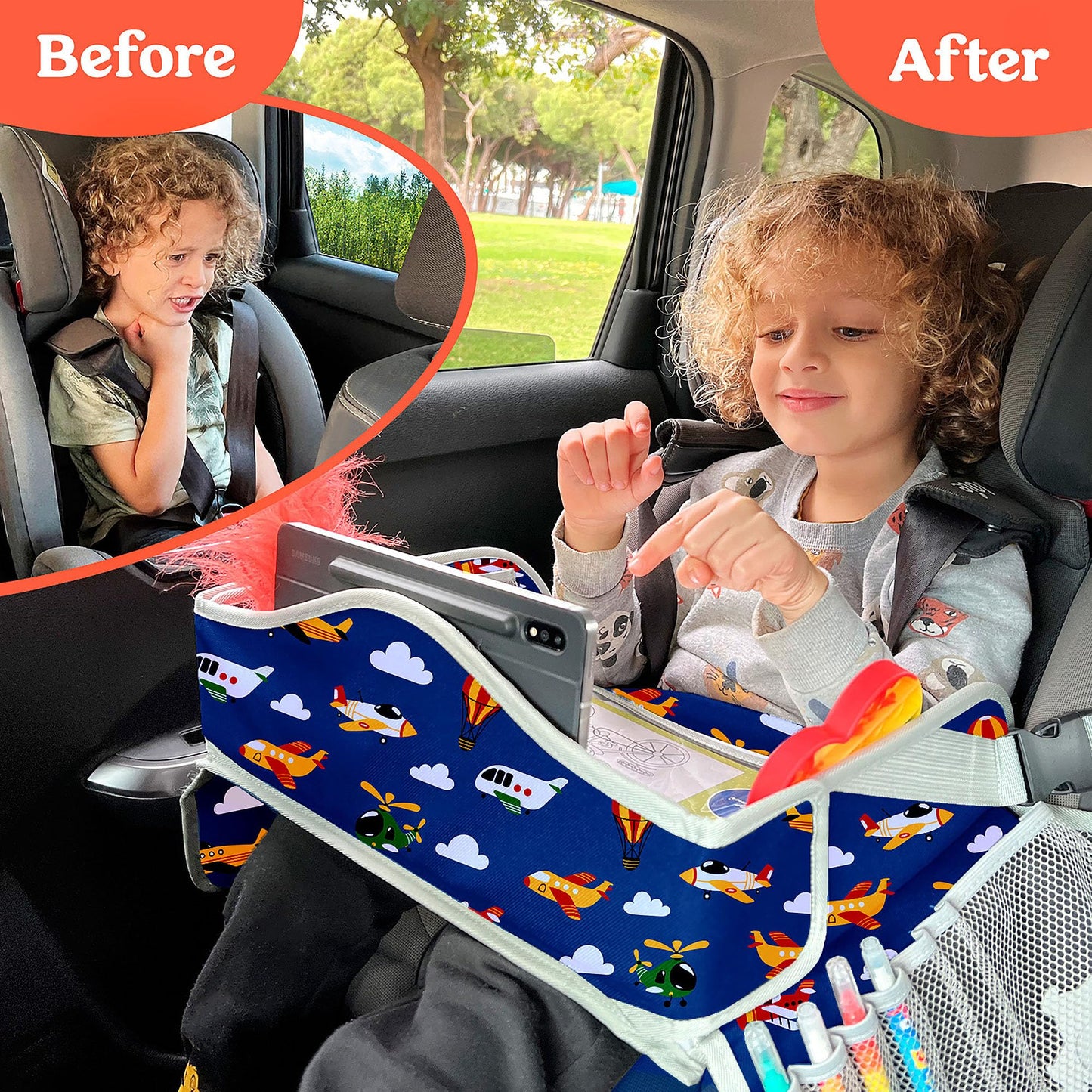 PILLANI Kids Travel Tray for Car - Toddler Airplane Travel Essentials w/ Activity Sheets, Pens & Dry Erase Board - Kids Travel - Must Have Toddler Lap Desk Organizer for Airplane - Travel Accessories