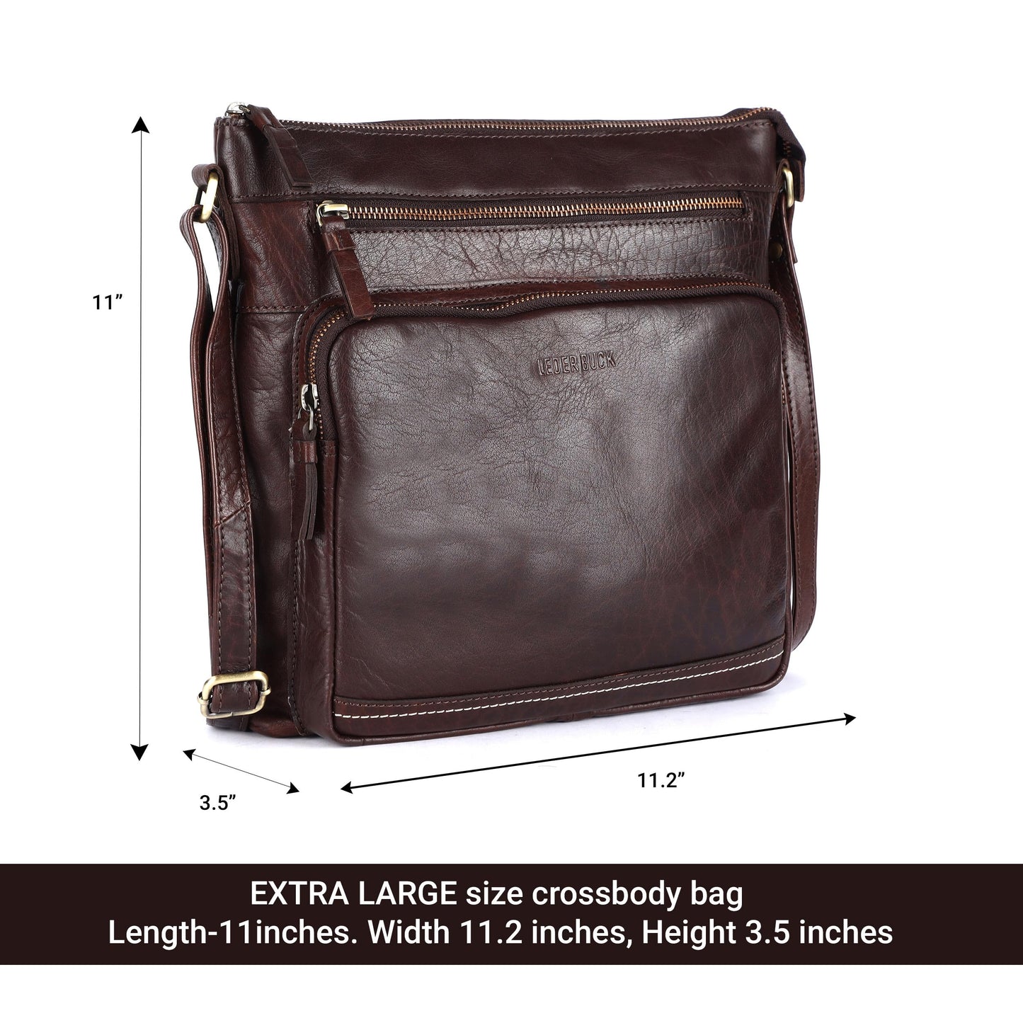 LEDERBUCK Olga Women's Extra-Large Genuine Leather Crossbody Purse – Soft Triple-Zip Shoulder Bag (Brown)