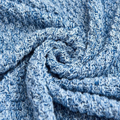 Longhui bedding Blue Knitted Throw Blanket for Couch, Soft, Cozy Machine Washable 100% Cotton Sofa Knit Blankets, Heavy 2.8lb Weight, 51 x 63 Inches, Blue and White Color, Laundry Bag Included
