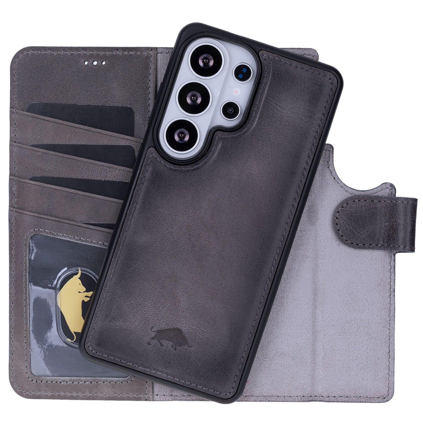 VENOULT Wallet Case for Samsung Galaxy S24 Ultra with 4 Card Slots, Full Grain Genuine Turkish Leather, Business Style, Magnetic Detachable Folio, Wireles Charge, RFID, Handmade (Sandy Gray)