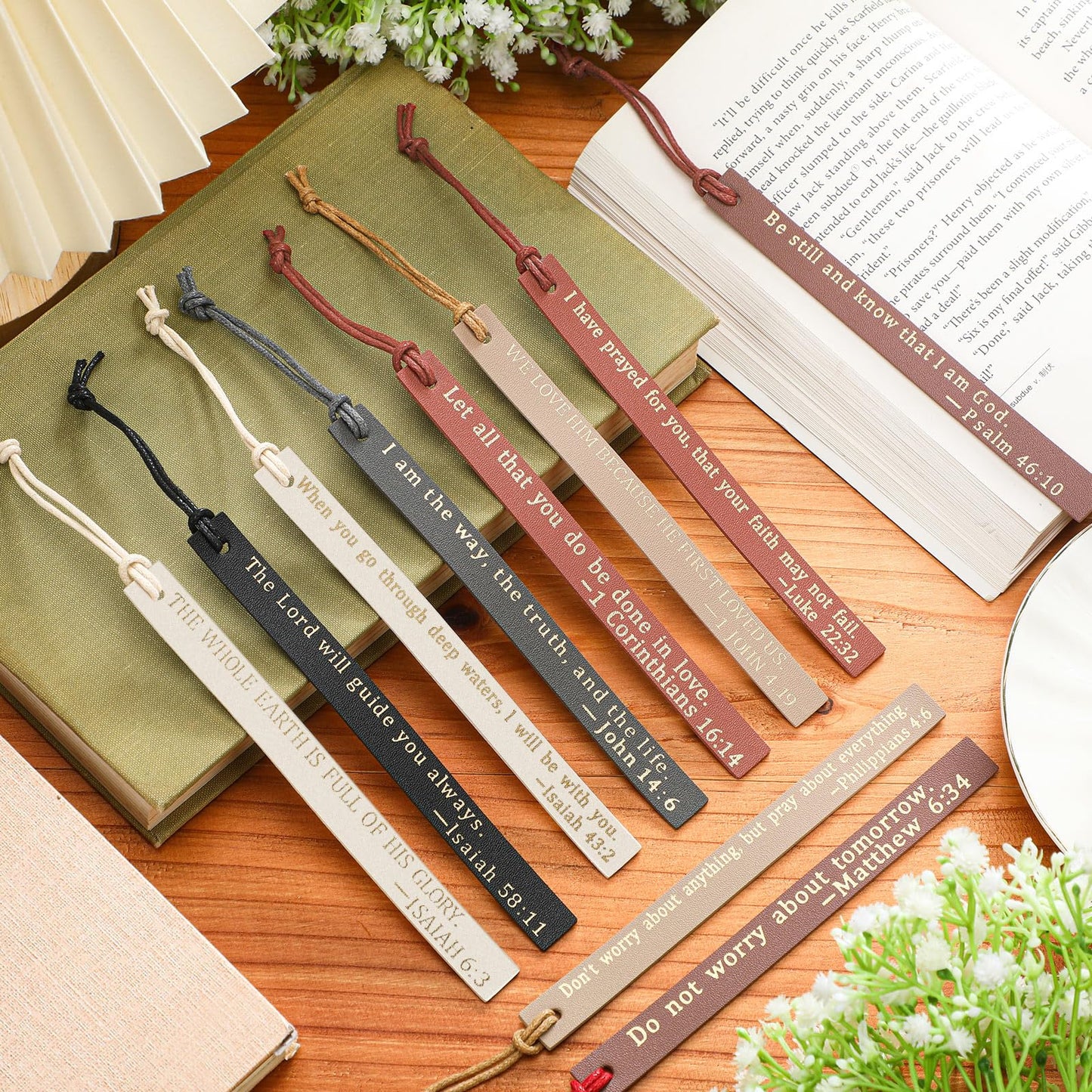 Skyygemm 10 Pcs Christian Bookmarks Christian Gifts for Women Leather Religious Bookmarks Handmade Bible Book Lovers Readers Female Church Book Club(Black Brown)