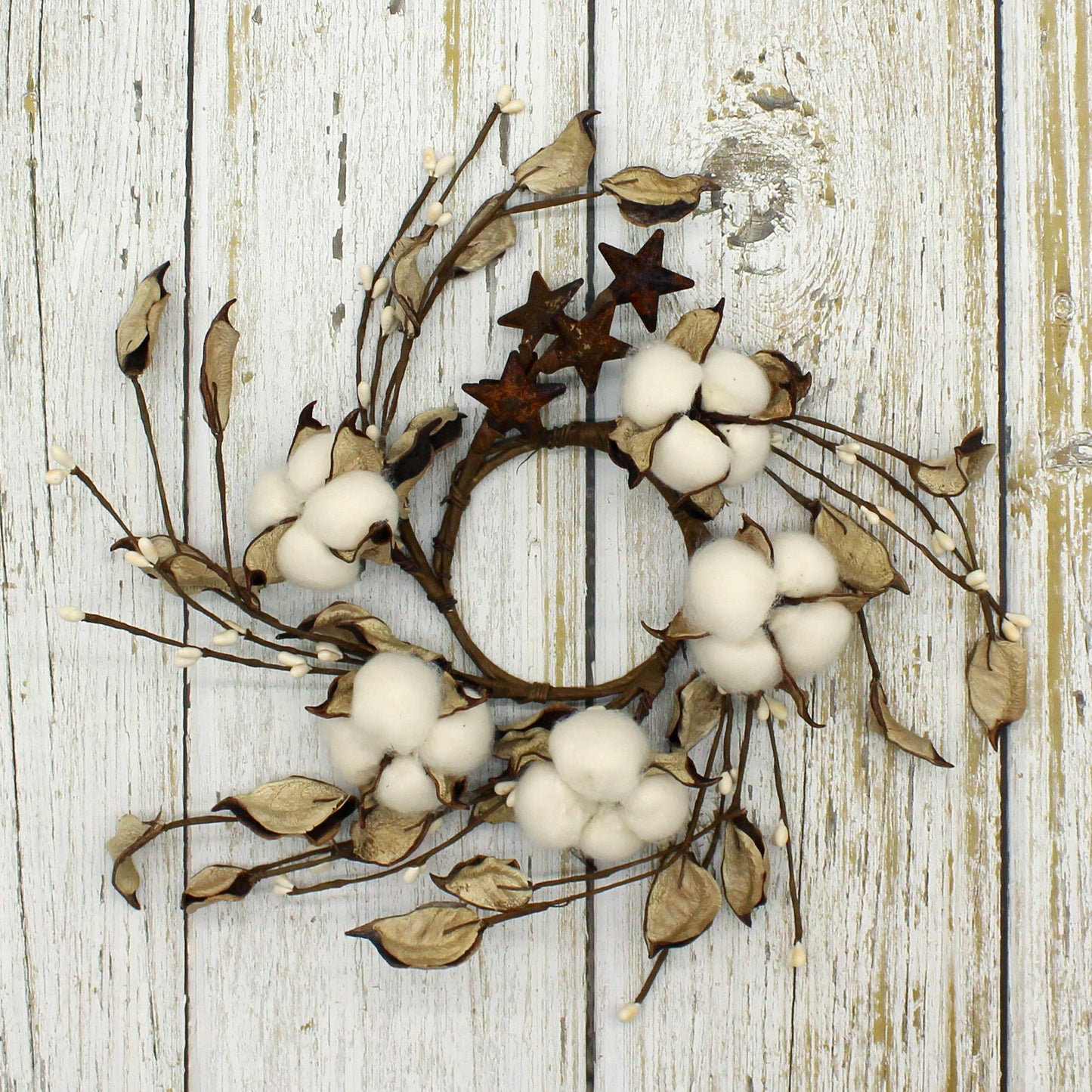 CVHOMEDECO. Primitives Rustic Pod Pip Berries and Autumn Leaves with Rusty Barn Stars Wreath, 9-Inch