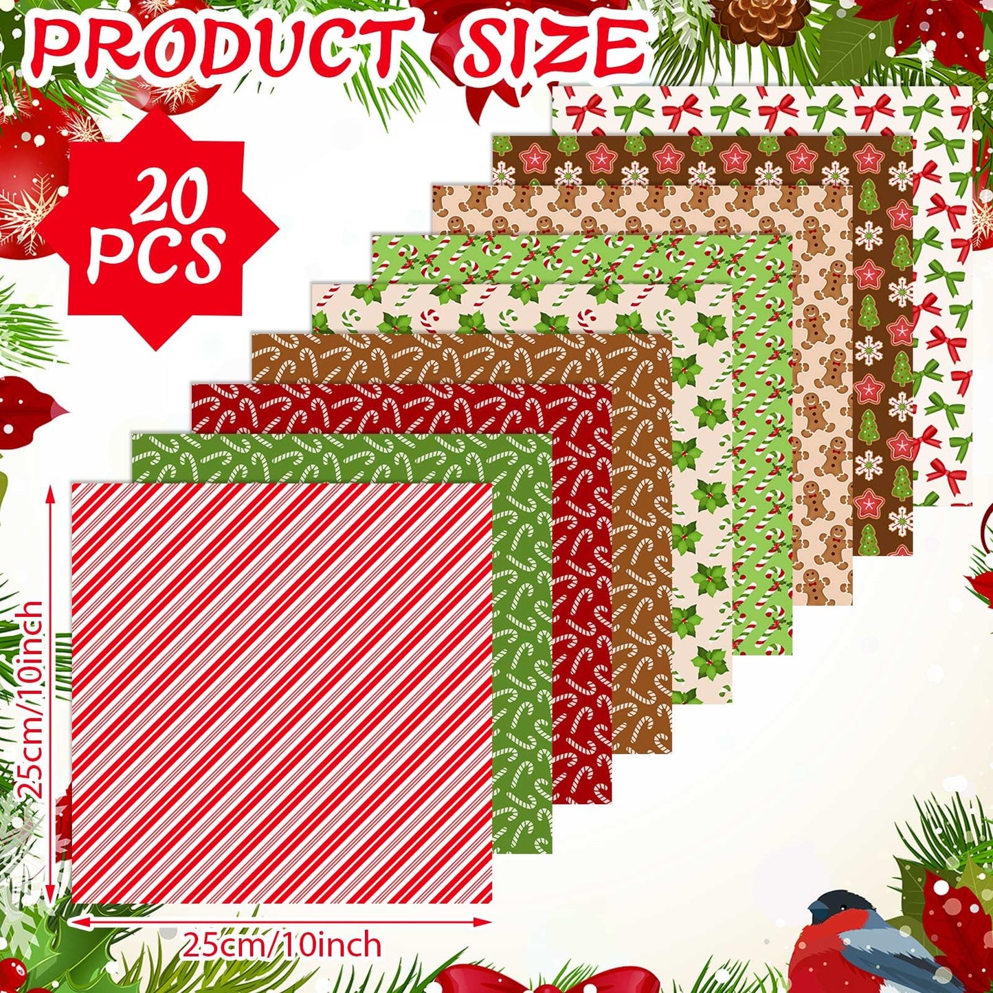 Oudain 60 Pcs 10 x 10 Inch Red and Green Quilting Fabric Squares Christmas Fat Patchwork Precut Strips Gingerbread Man Candy Cane Fabric Bundles for Xmas DIY Craft Sewing Handmade Materials