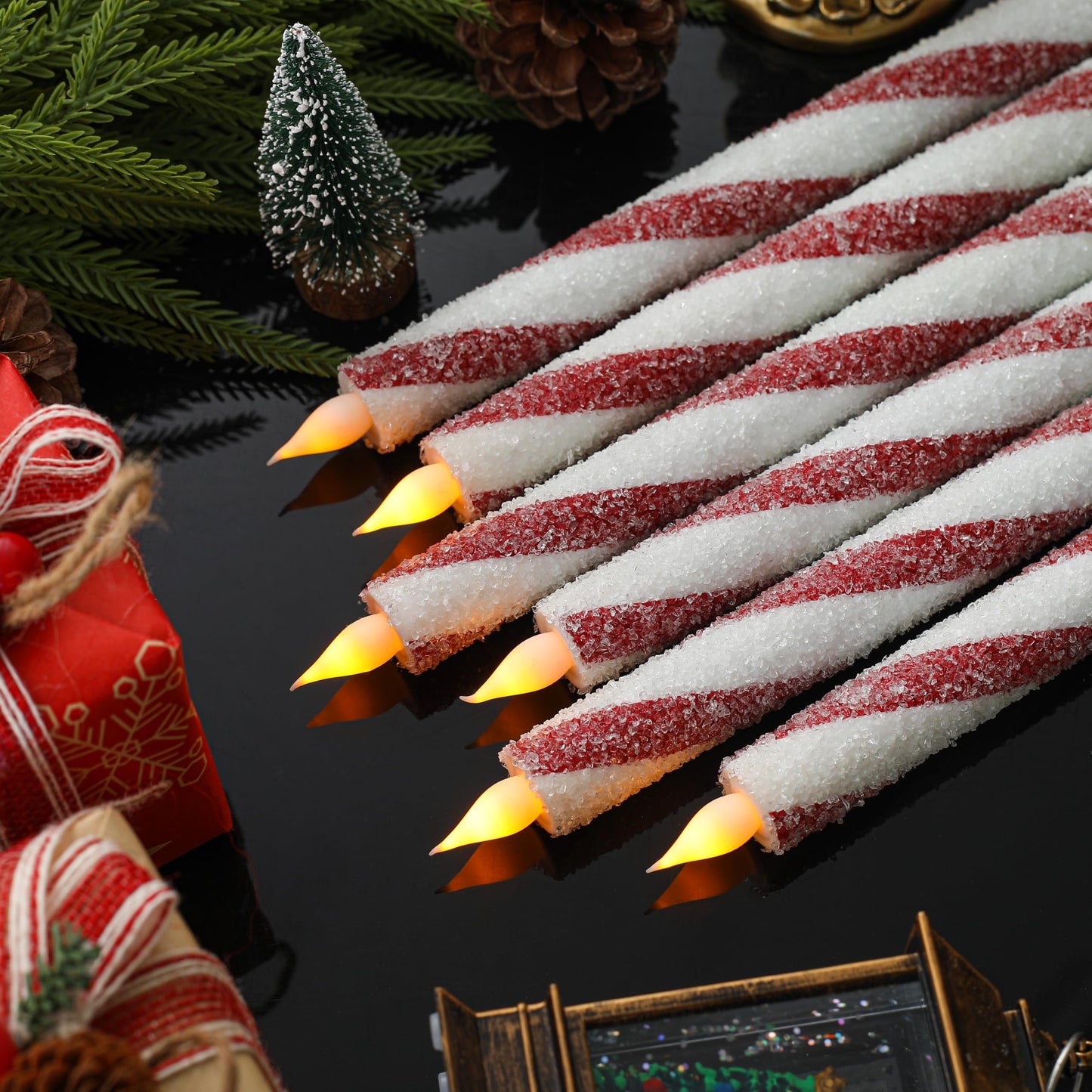 Christmas Flickering Flameless Taper Candles - 6PCS Glitter Candy Cane Red and White Stripes Sea Salt Real Wax Battery Operated Candles For Christmas Party Wedding Winter Home Decoration Xmas Decor