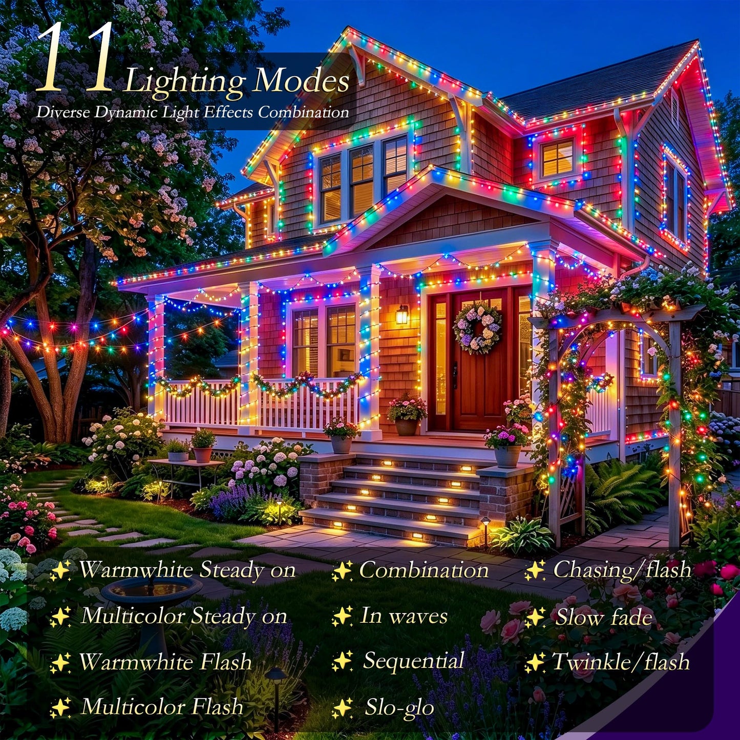Soagrc 198FT 600 LED Outdoor String Lights Plug in IP67 Waterproof Twinkle Lights with Remote 11 Modes Dimmable Warm White and Multicolor Color Changing for Backyard Summer Wedding Party Christmas