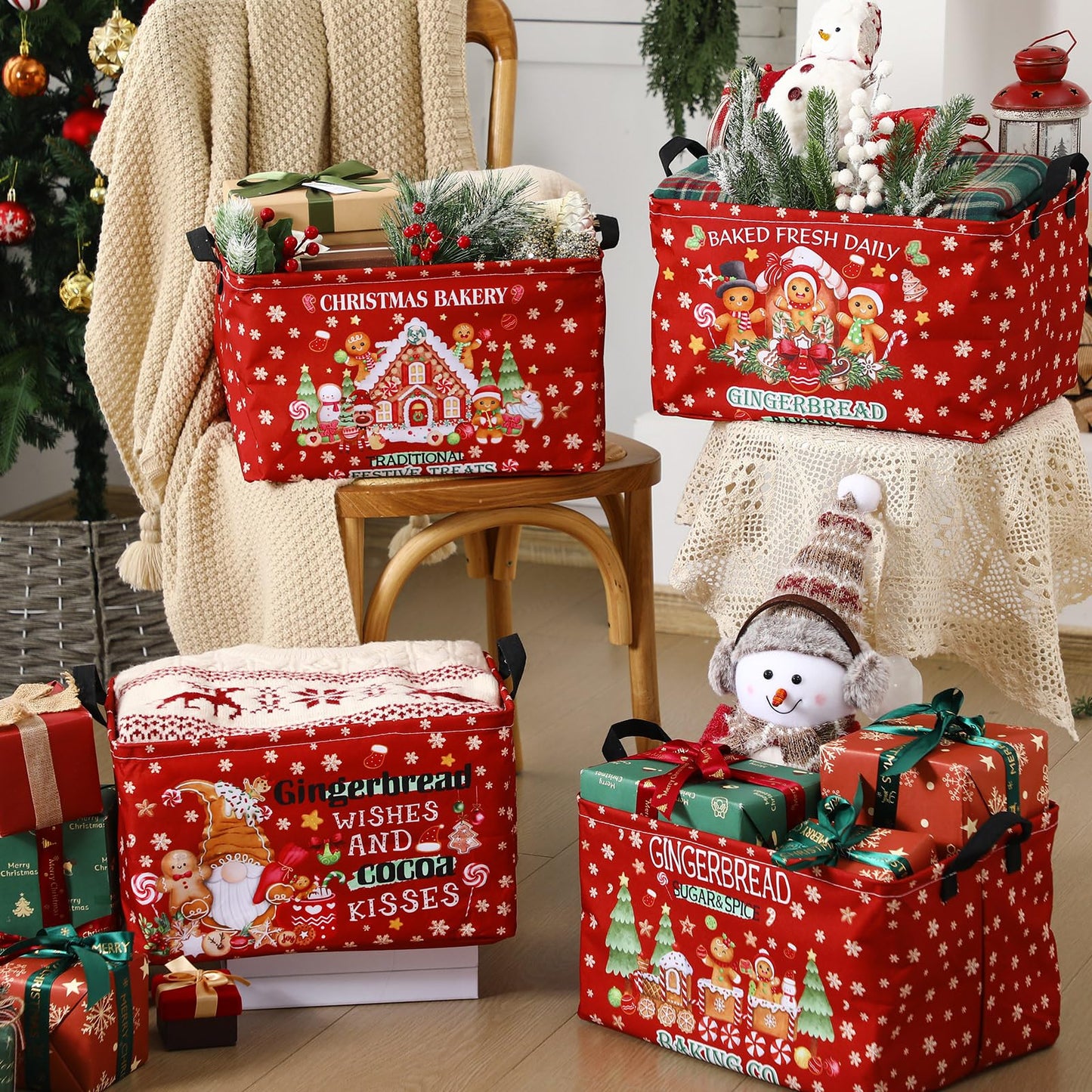 Bulyoou 4 Pcs Christmas Storage Basket for Gifts Empty Large Gingerbread Man Storage Bins 15 x 10 x 8 Fabric Laundry Baskets with Handle Xmas Foldable Organizer Boxes for Office Home Cloth Toys Books