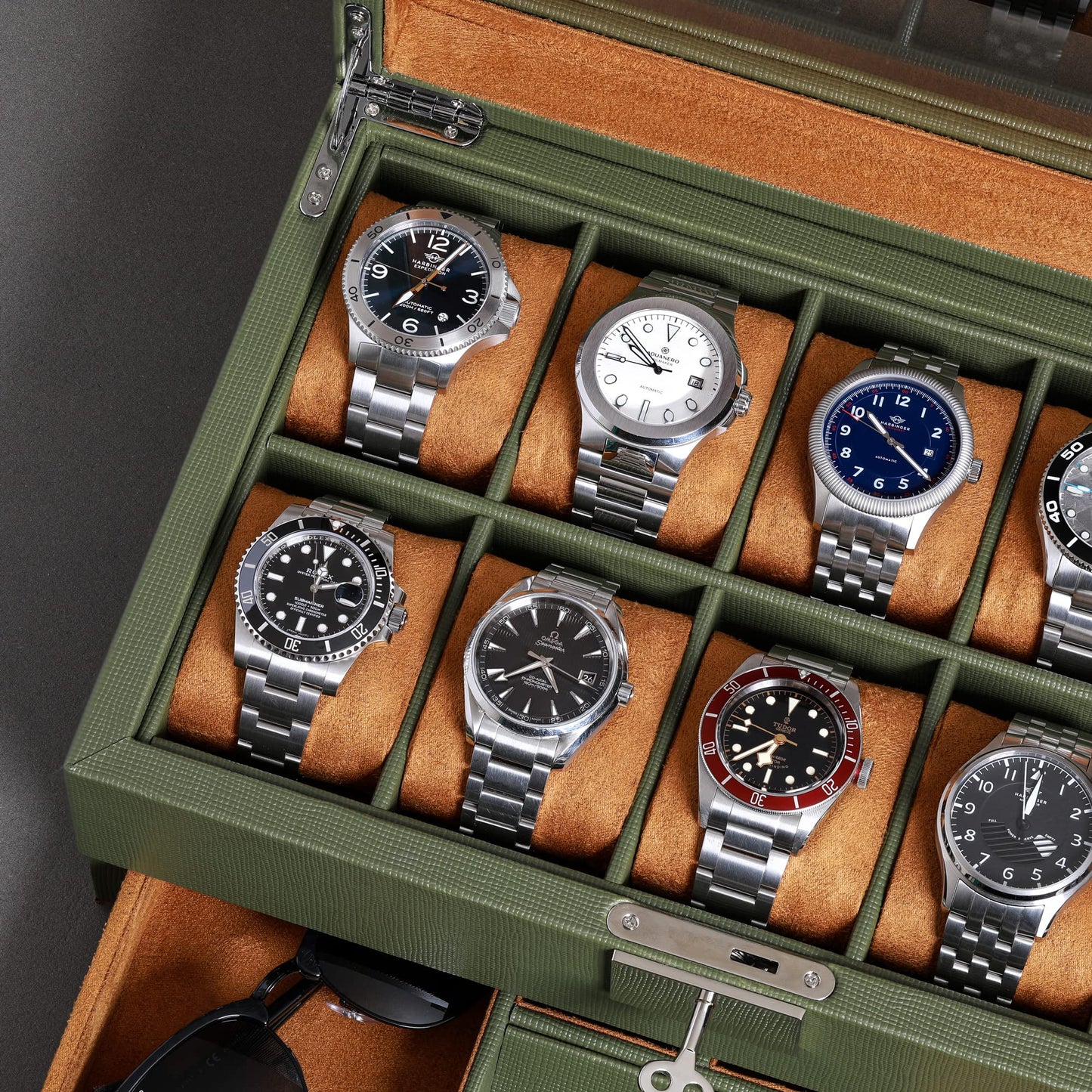 ROTHWELL 10-Slot Watch Box in Leather with Valet Drawer, Luxury Watch Case Display Organizer with Ultra Soft Microsuede Liner, Jewelry and Sunglass Holder With Large Glass top (Green/Tan)