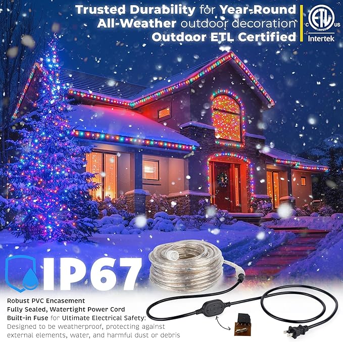 WYZworks 108LEDs 10ft LED Outside Rope Lights, Outdoor ETL Certified Waterproof Permanent 360 Degree Light Emitting, Flexible Tube, Connectable, Christmas Palm Tree Exterior Landscape, Colorful