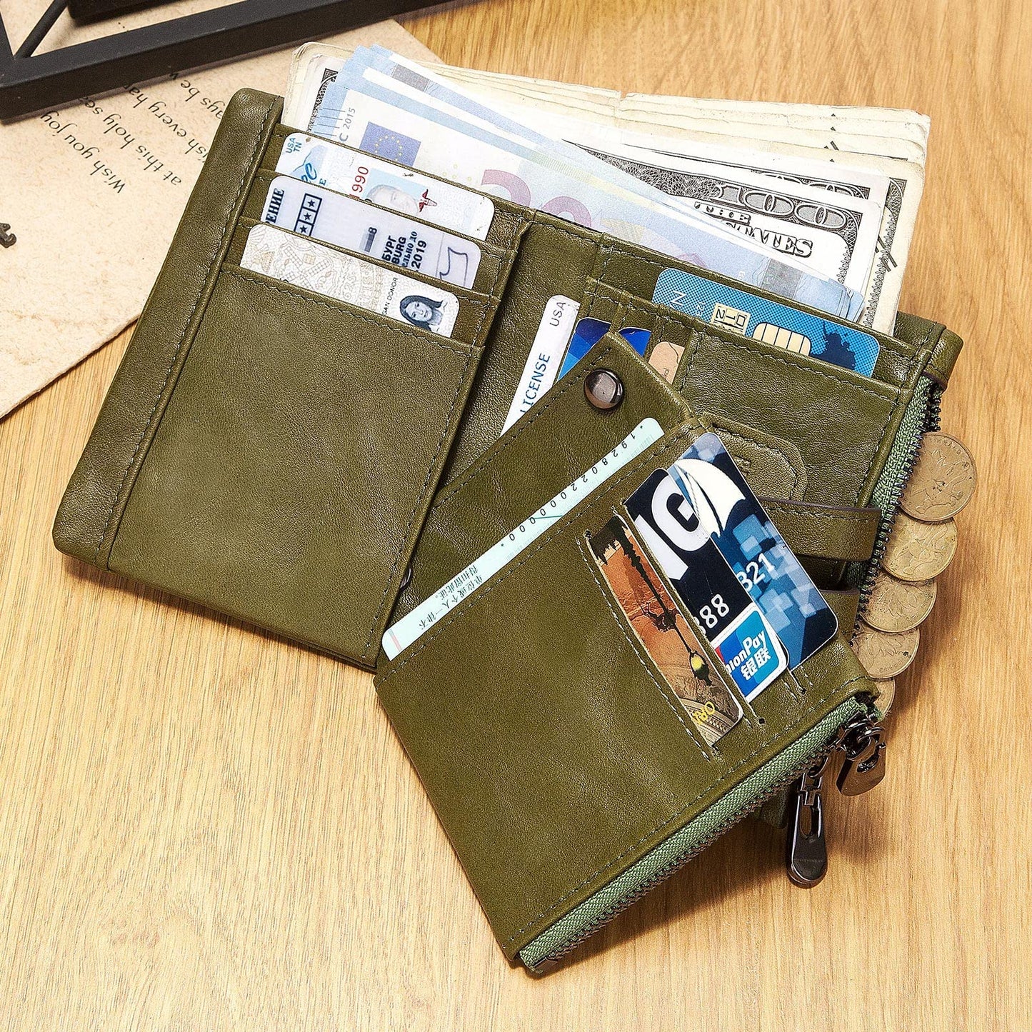 gzcz Men Wallets with Chain Genuine Leather Purse RFID Blocking Minimalist Bifold Wallet with Zipper Coin Pocket ID Window, Green