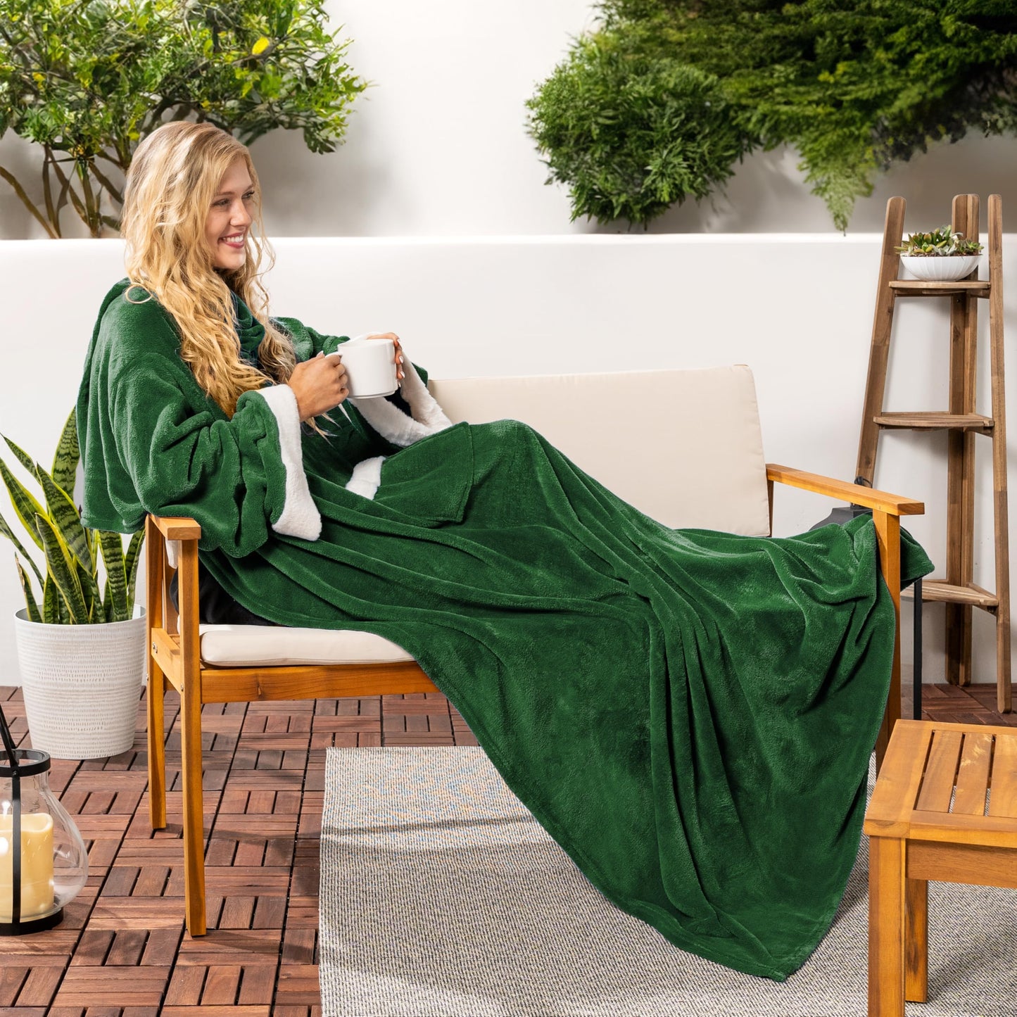PAVILIA Wearable Blanket with Sleeves & Pocket for Women & Men, Soft Fleece Snuggle Throw with Sherpa Trim, Cozy TV Couch Robe, Gift Ideas for Mom & Wife, Dark Green