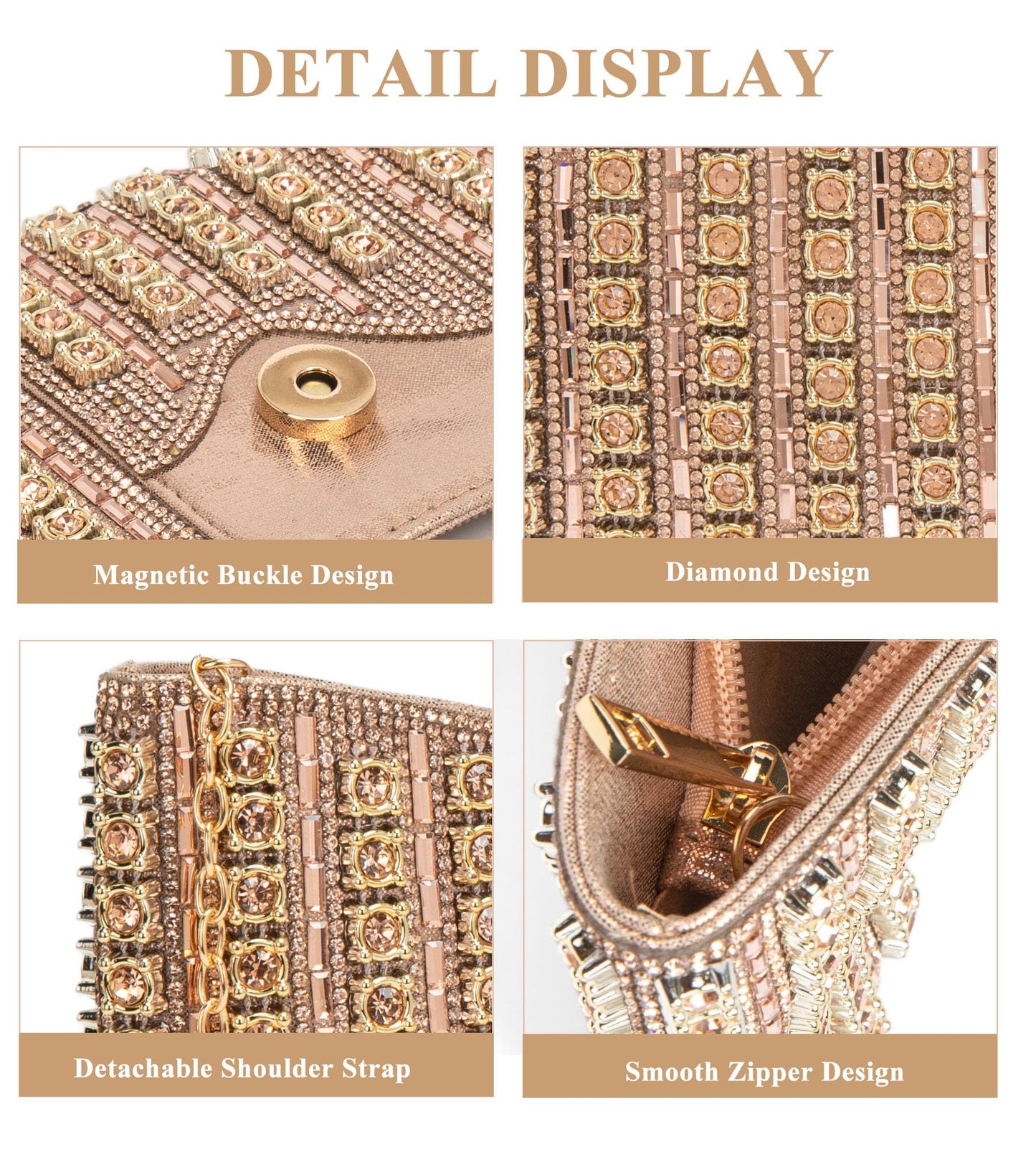 Sweetovo Sparkling Rhinestone Clutch Purse for Women, Elegant Bowknot Shaped Crystal Evening Bag for Wedding Prom Party (B-Champagne Gold)
