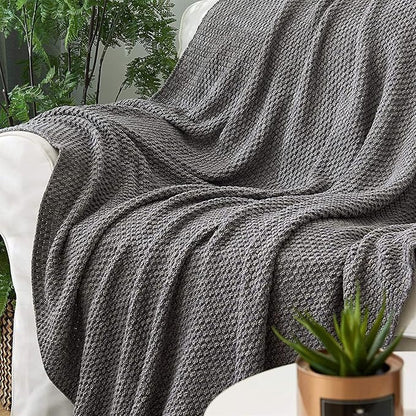Longhui bedding Grey Knitted Throw Blanket for Couch, Soft, Cozy Machine Washable 100% Cotton Sofa Cable Knit Blankets, 4.0lb Weight, 60 x 80 Inches Oversized, Grey White Color