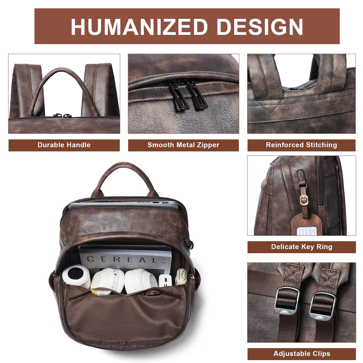 tiamyi Vegan Leather Backpack for Women and Men, Fits 16.0 Inch Laptop, Multi-Pocket Design with Water Bottle and Luggage Strap, Ideal for Work, Travel, and Daily Use, Coffee