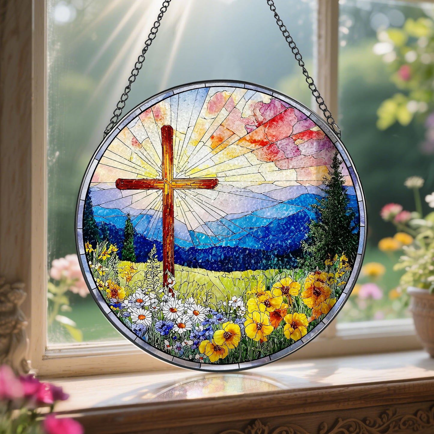 8 Inch Christian Cross Sun Catcher, Stained Glass Window Hanging, Religious Suncatcher for Windows, Sun Catchers Indoor Window, Christian Gifts, Religious Cross Gifts, Faith Home Decor