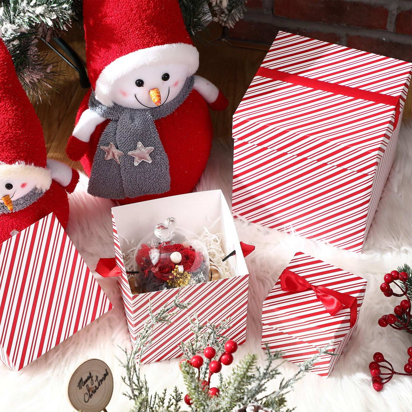 TecUnite 3 Pcs Christmas Nesting Gift Boxes Candy Cane Striped Christmas Stackable Boxes Decorative with Lids for Present Wrapping Xmas New Year Holiday Party Decor(Red White Stripe)