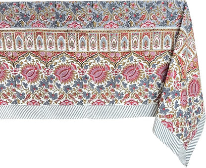 ATOSII Bella 100% Cotton Rectangle Summer Tablecloth, Indian Block Print Floral Table Cloth I Dining Parties Weddings Outdoors Holidays 60 X 90 Inches, 6 Seater I Grandmillennial Farmhouse Boho