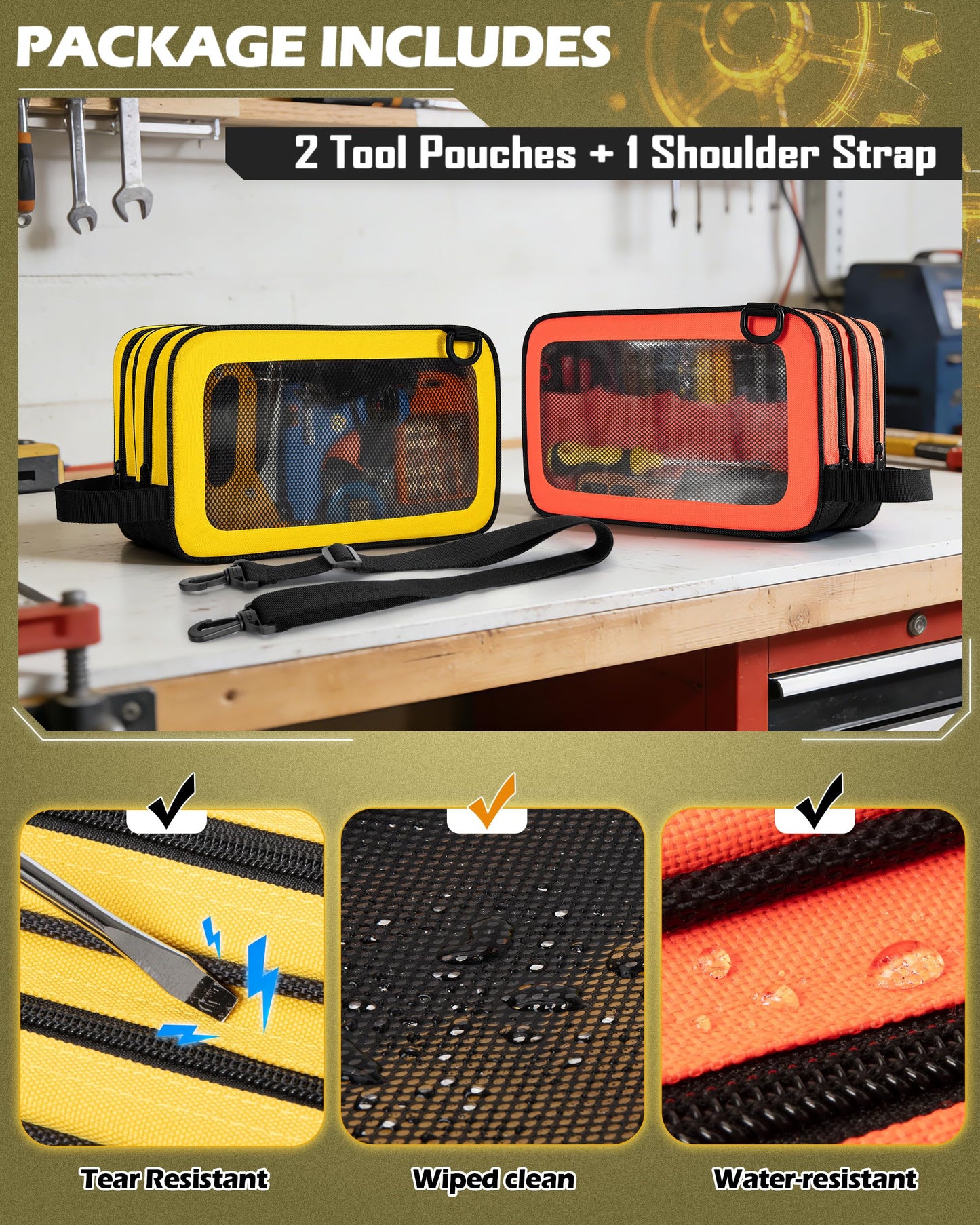 Marscamd 2 Pack Tool Pouch with Dual Compartments, 12” Tool Bag with Detachable Shoulder Strap, Carry Handle and Translucent Window, Orange-red/Yellow