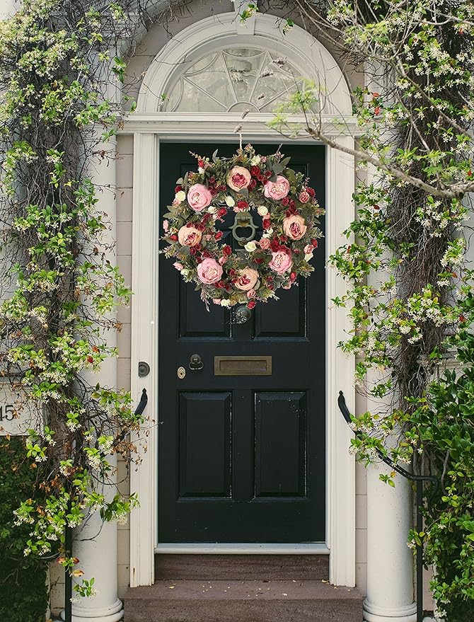 Spring & Summer Wreath, 24in Round, Red Silk & Grapevine, Door Mount, Seasonal Decorative
