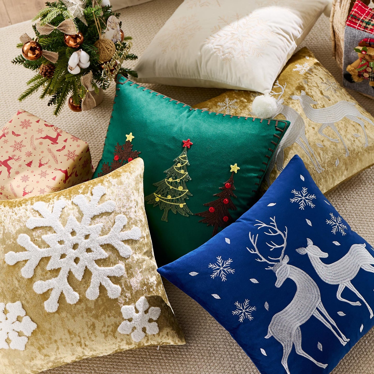 KINDREX Christmas Tree Throw Pillow Covers 18x18 Set of 2 Winter Holiday Decorative Emerald Green Embroidered Luxurious Soft Velvet Accent Pillowcase for Sofa Couch Bed Living Room Home Decor