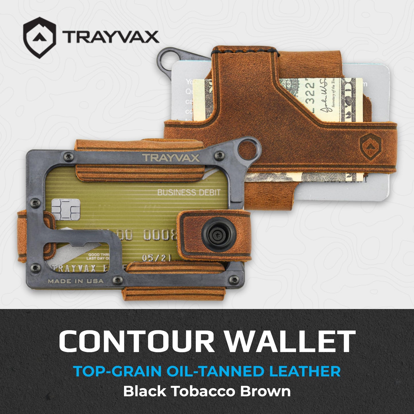Trayvax Contour Wallet, RFID Front Pocket Money and Credit Card Holder, Minimalist Slim Leather Metal Wallet for Men and Women, Black Tobacco Brown