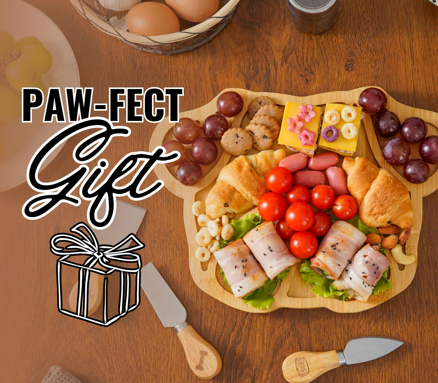 Pug Gifts for Women/Men Charcuterie Board, 11.81 * 8.66 * 0.79 inches Cheeses Charcuterie Wood Cutting/Serving Board Set with 4 Matching Spreaders for Housewarming Thanksgiving Christmas