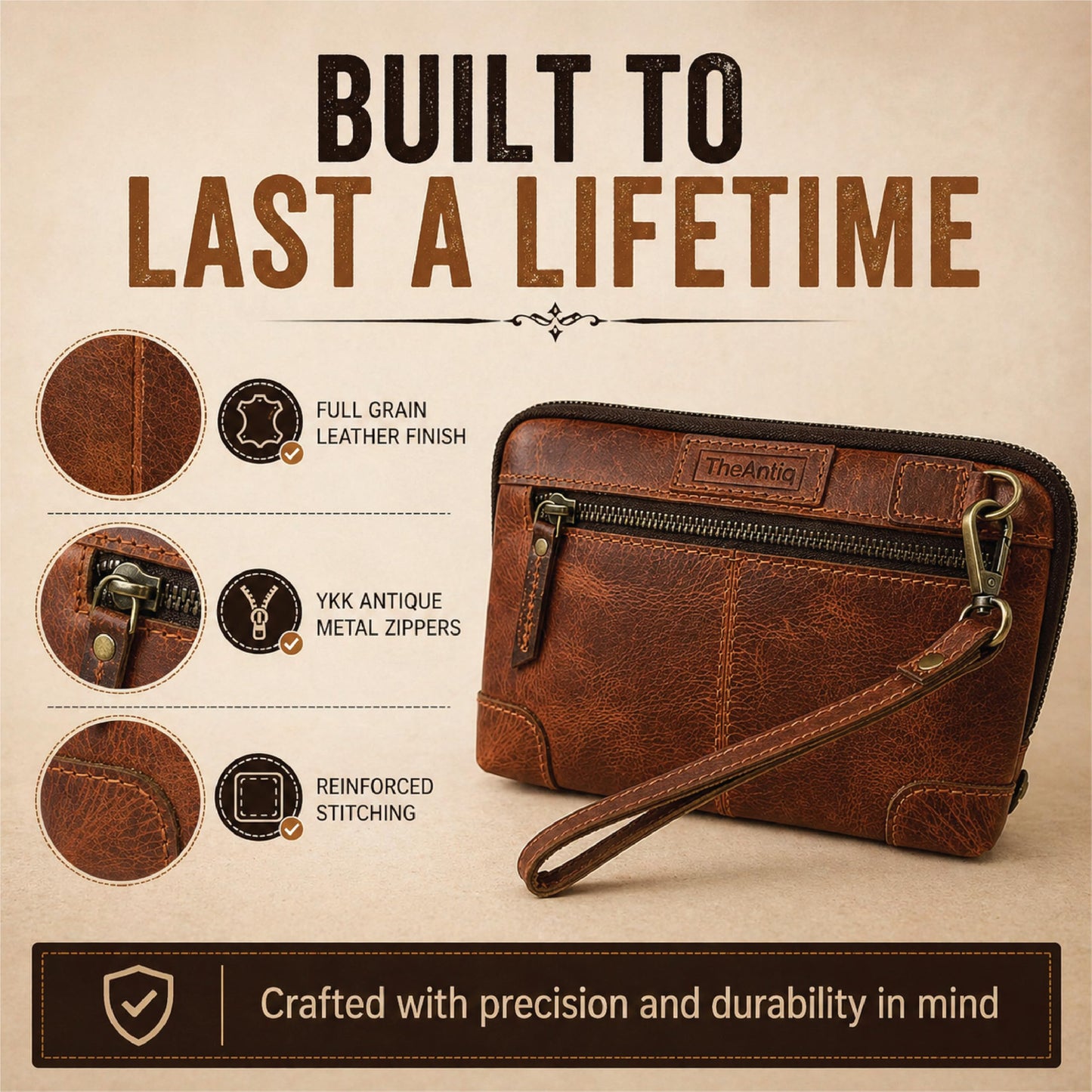 TheAntiq Genuine Leather Makeup Bag Travel Organizer, Premium Handcrafted Cosmetic Pouch with Zipper & Wrist Strap, Durable Toiletry Storage for Women & Men, 5 x 9- Tan