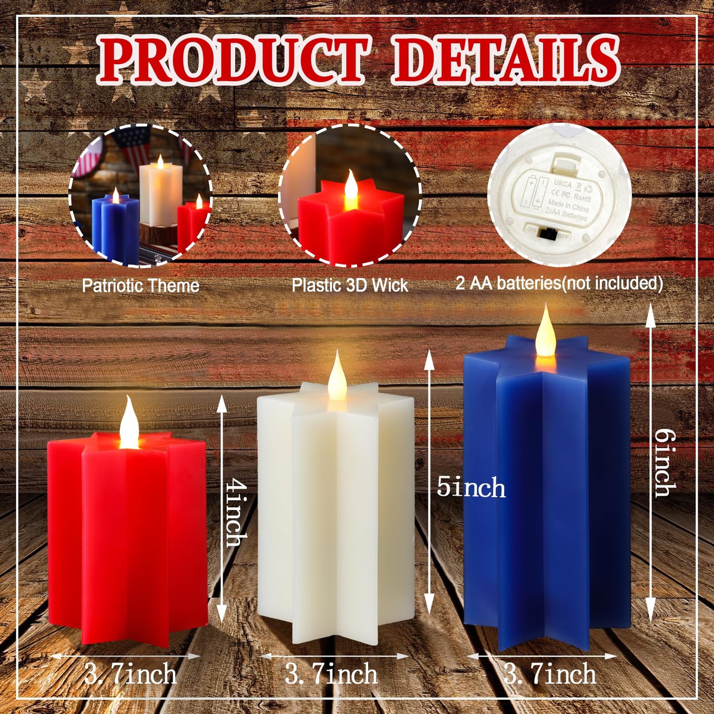 LCZLUMIPRO 3 Pack Star Shaped 4th of July Flameless Candles, Red White and Blue Patriotic Battery Operated LED Candles, Decorative Pillar Candles for Independence Day Home Party Decor