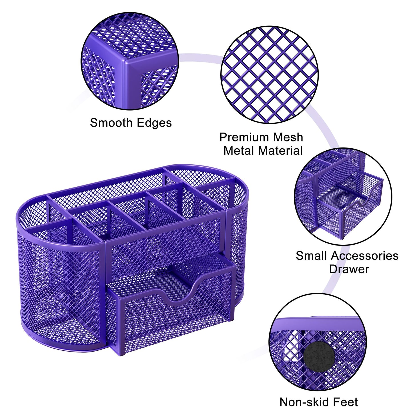 EasyPAG Mesh Pen Holder Desk Organizer with Drawer Stationery Supplies Organizer for Dorm School 9 Compartments Workspace Desk Accessories Organization for Office, Purple