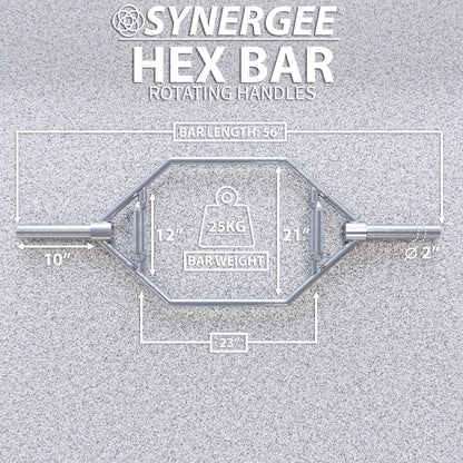 Synergee 25kg Chrome Olympic Hex Barbell Trap Bar with Two Handles for Squats, Deadlifts, Shrugs and Power Pulls. 56” Long Bar with 10” Sleeve.