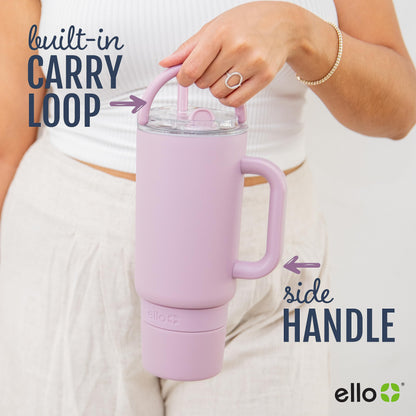 Ello Port 40oz Tumbler with Carry Loop & Integrated Handle, Vacuum Insulated Stainless Steel Reusable Water Bottle, Travel Mug with Leak Proof Lid & Straw for Iced Coffee & Tea, Halogen Blue