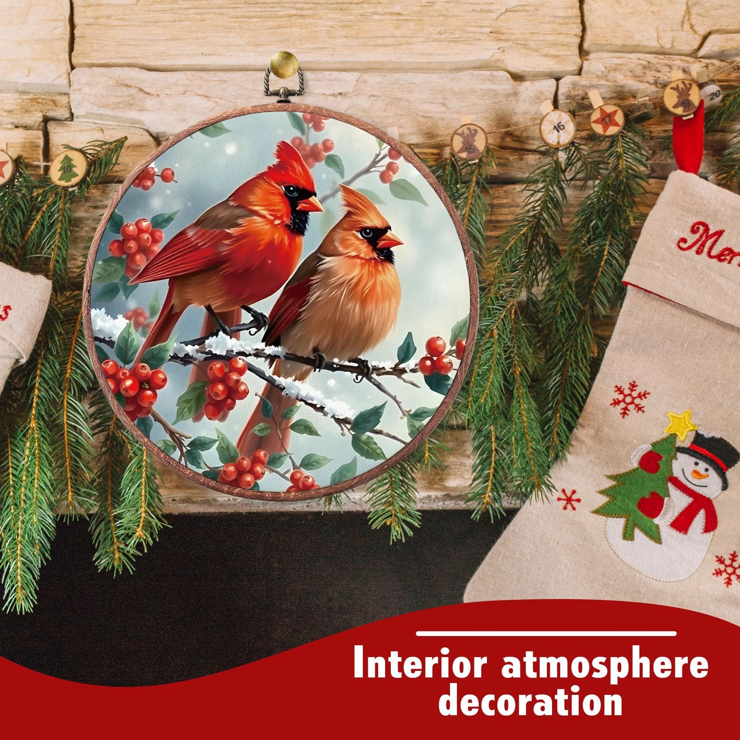 Round Winter Cardinals Framed Canvas Wall Art Decor, 10x10 Inches Christmas Canvas Wall Artwork, Christmas Embroidery Kit Decor for Home Office, Xmas Gift Ideas for Family Friends-A03