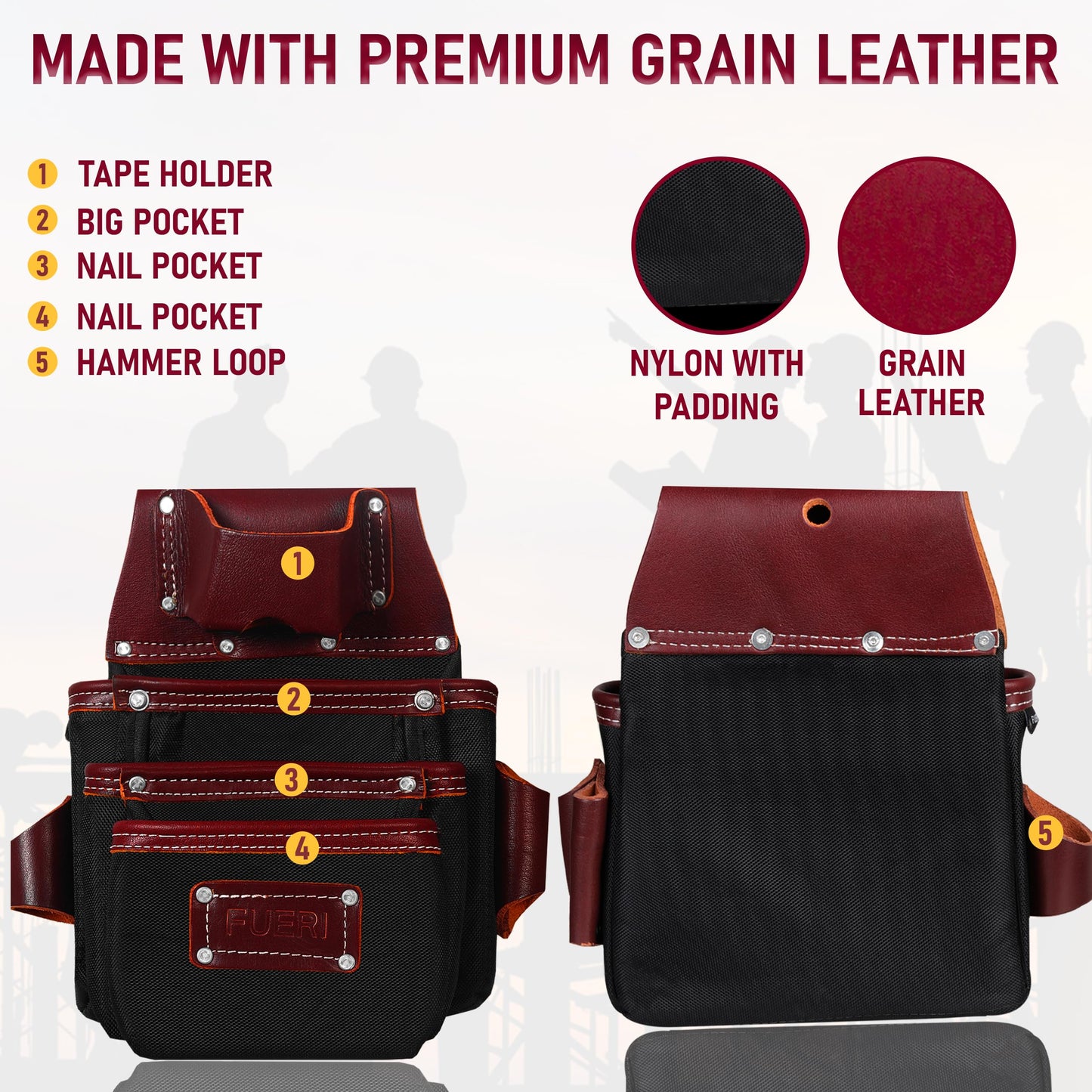 FUERI Electrician's Heavy Duty 26 Pocket Leather-Nylon Tool Belt & Suspender Combo, Comfort Back Support Padded Belt, 2 Large Storage Capacity Pouches, Best for Framers, Carpenter, Roofing