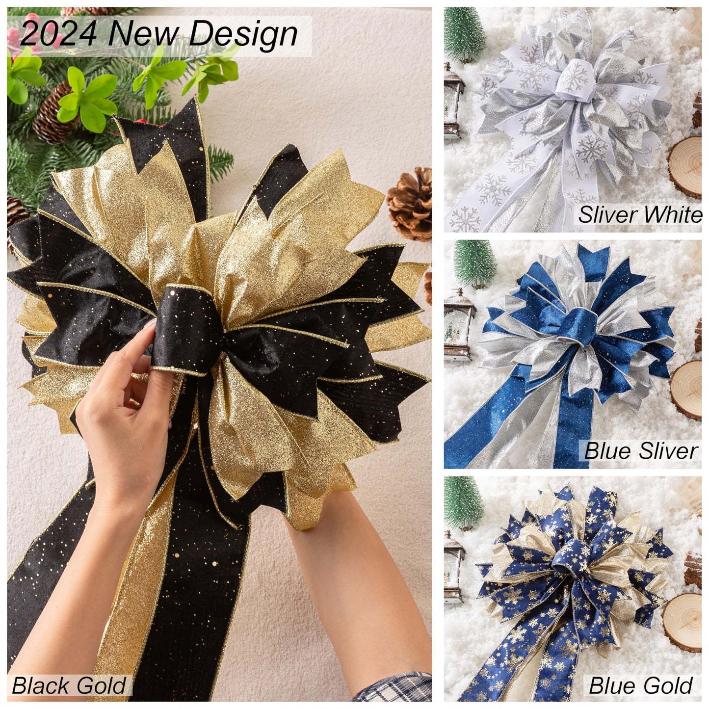 Blue Gold Christmas Tree Topper, 40x13 Inches Toppers Bow with Glitter Satin Mesh Streamer and Patterned Ribbon, Christmas Tree Topper Bow for Christmas Home Decoration