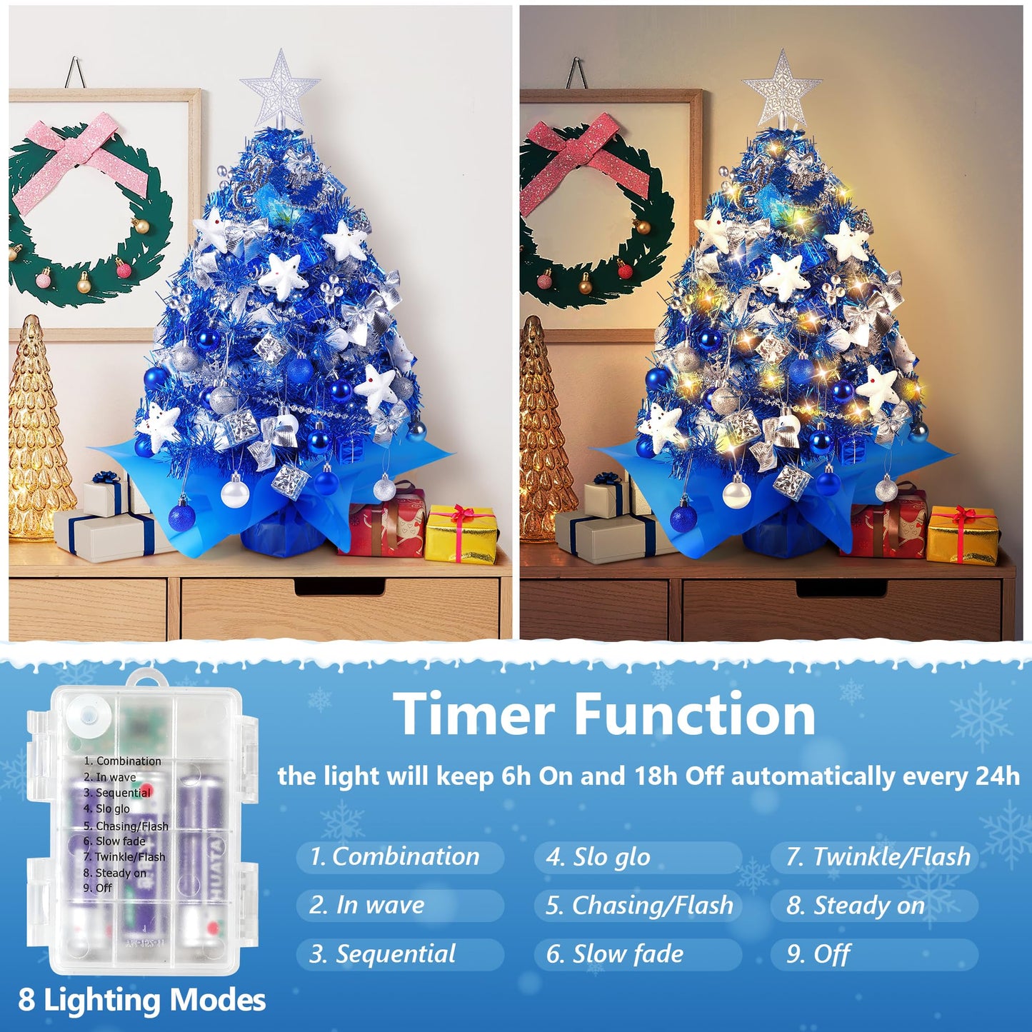 2FT Mini Christmas Tree, Blue Tabletop Christmas Tree, Prelit Small Christmas Trees with 60 LED Lights, 100 Lifelike Branches, 73 Ornaments, Artificial Xmas Tree for Home Indoor Decor
