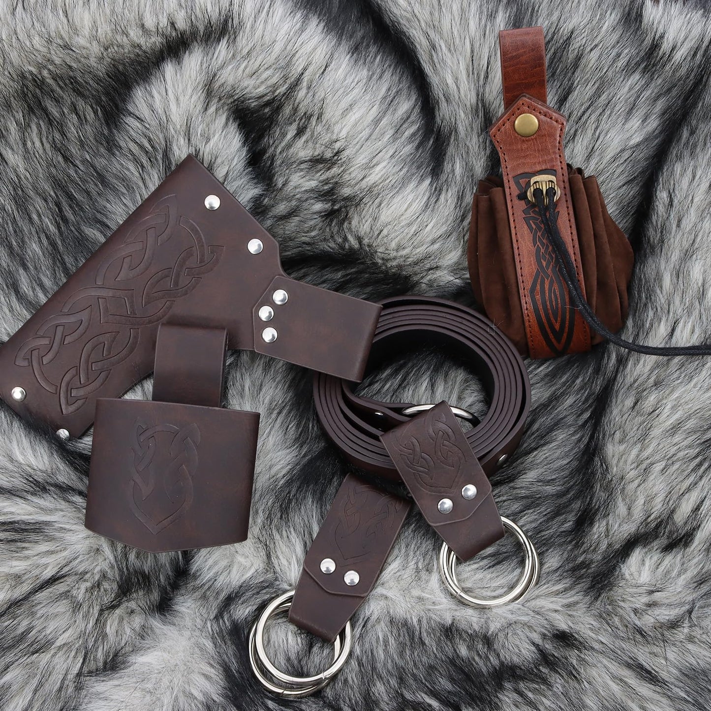 bcehyaa Medieval Renaissance Sword Belt Set - Pirate Costume Accessories with Skirt Hike Sword Frog Dagger Holster (Brown-A)