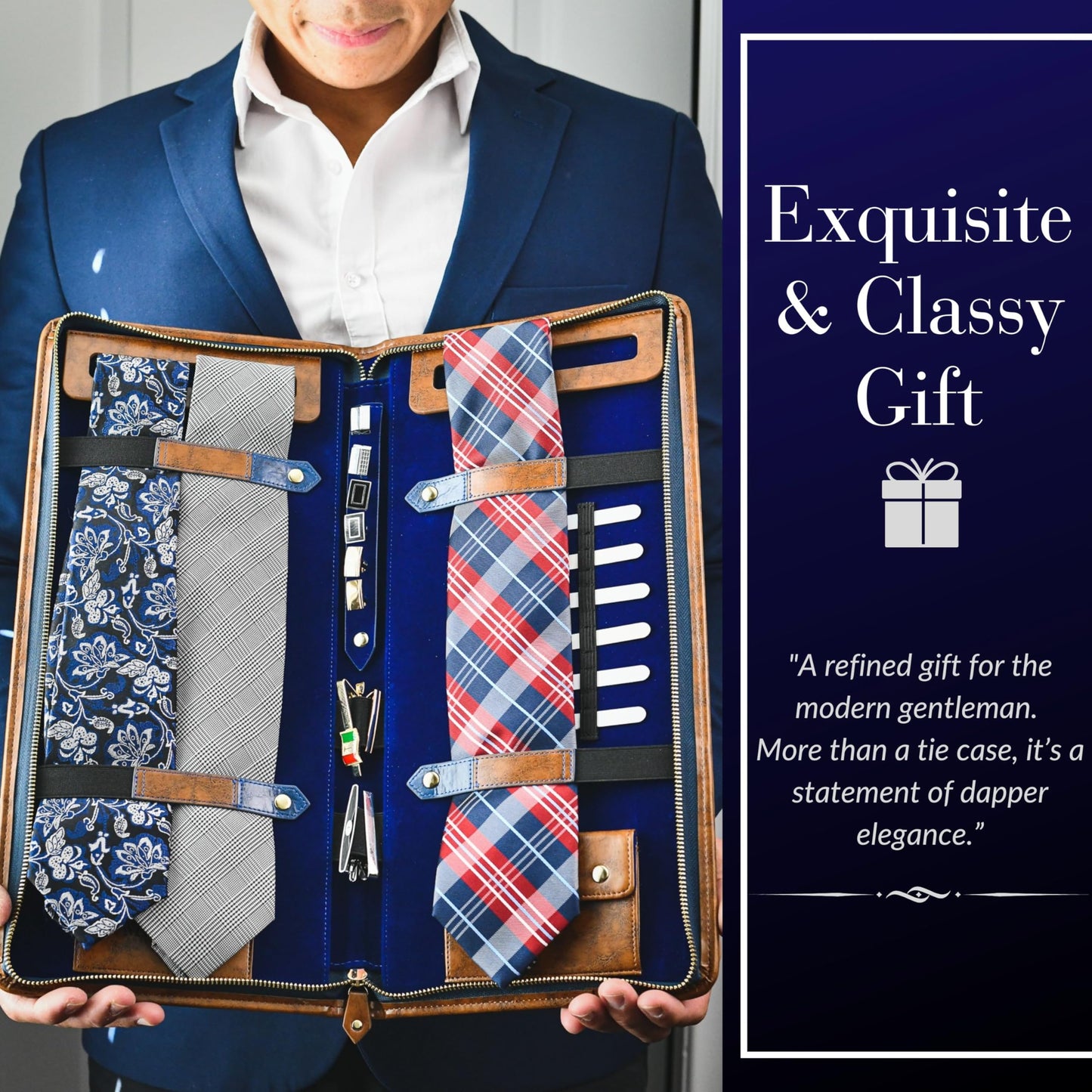 Mirage Royal Blue Tie Travel Case Necktie Holder Organizer with Jewelry Case Pocket for Small Dress Accessories