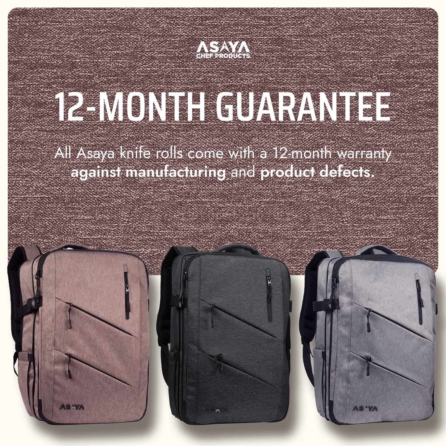 Asaya Chef Knife Backpack with 20-Pocket Knife Roll Bag - Over 30 Storage Pockets Chef Bag, Professional Backpack for Chefs and Culinary Students – Knives Not Included (Brown)