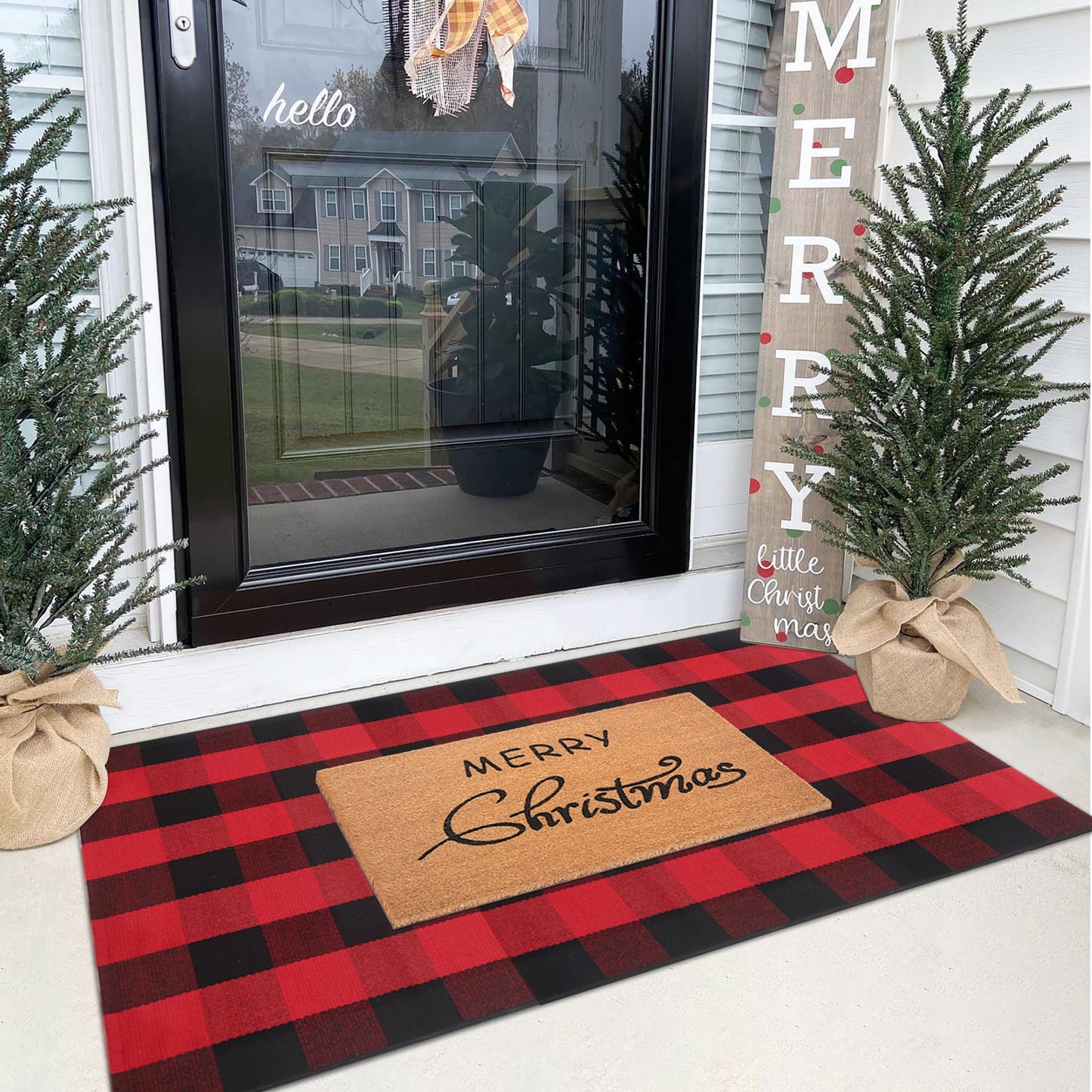 Christmas Door Mat Combo Set - 100% Coco Coir Welcome Mat + 3' x 5' Red and Black Plaid Rug, Christmas New Year Holiday Collection Doormat for Front Porch Entryway Decorative