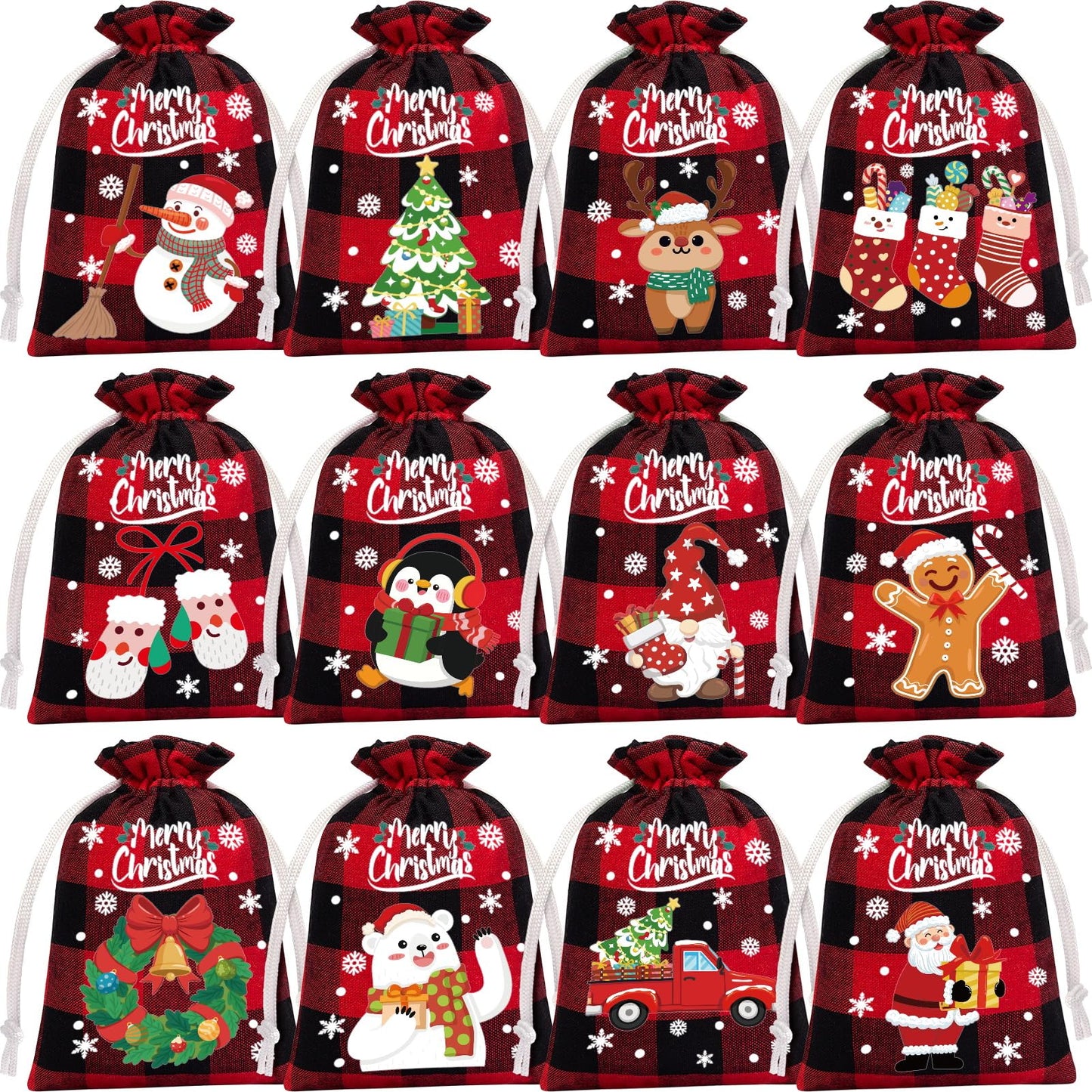 FLOE 36Pcs Burlap Christmas Drawstring Bags Buffalo Plaid Xmas Gift Bags Burlap Xmas Candy Bag Small Christmas Linen Goody Gift Sacks Treat Sacks Reusable Gifts Wrapping Bag Holiday Party Favors