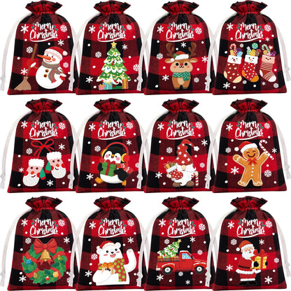 FLOE 36Pcs Burlap Christmas Drawstring Bags Buffalo Plaid Xmas Gift Bags Burlap Xmas Candy Bag Small Christmas Linen Goody Gift Sacks Treat Sacks Reusable Gifts Wrapping Bag Holiday Party Favors
