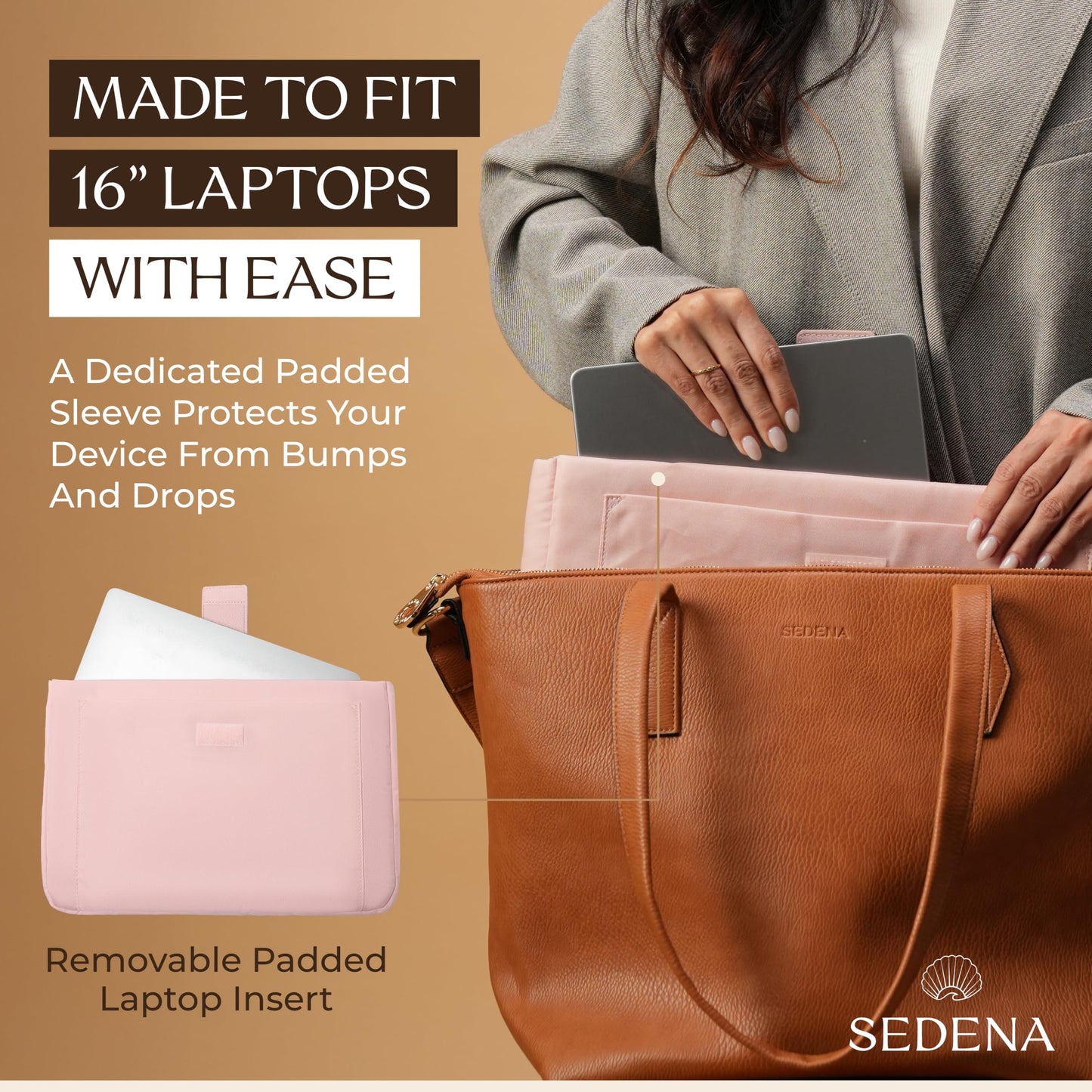 sedena Women’s 16” Laptop Tote Bag – Brown Vegan Leather Work Bag with Cupholder, RFID Pockets, Anti-Pickpocket Zipper, Travel Tote with Trolley Sleeve & Detachable Laptop Sleeve