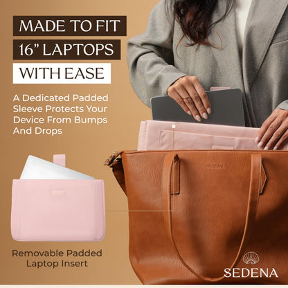sedena Women’s 16” Laptop Tote Bag – Brown Vegan Leather Work Bag with Cupholder, RFID Pockets, Anti-Pickpocket Zipper, Travel Tote with Trolley Sleeve & Detachable Laptop Sleeve