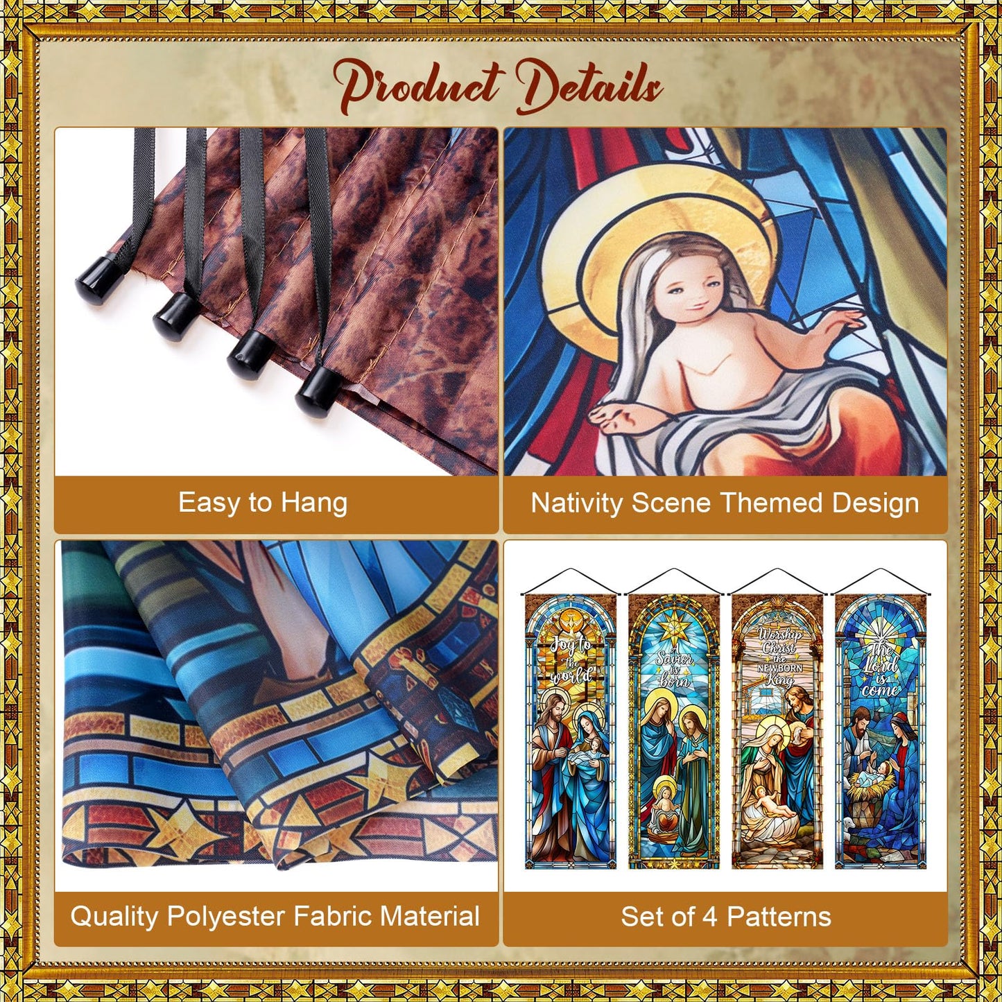 Panelee 4 Pcs Nativity Scene Banner Religious Christmas Backdrop Holy Nativity Stained Glass Style Wall Decorations Jesus Porch Sign for Xmas Indoor Outdoor Church Wall Hanging Decor